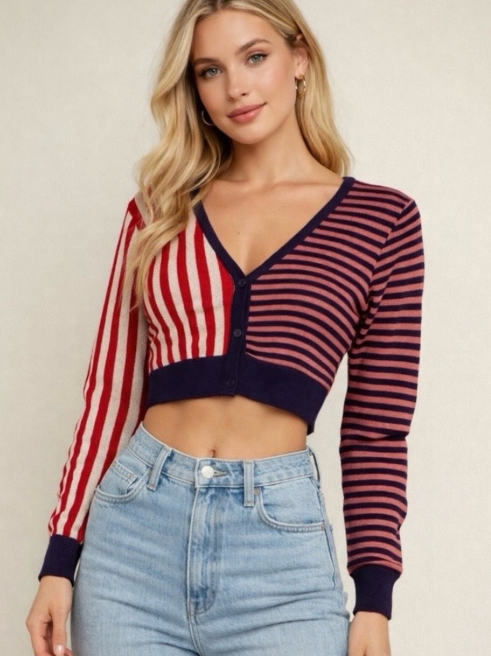 🎻wild fable Cropped Striped Button-Front Top - Red & Navy